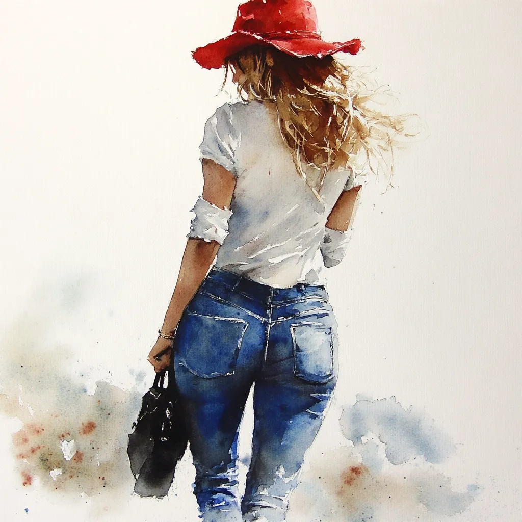 A watercolor painting depicts a woman from behind, walking away.  She wears a red hat, white shirt, and blue jeans. Her blonde hair flows in the wind.  She carries a dark handbag. The style is loose and impressionistic, with soft washes of color and a focus on capturing movement and mood.  The background is subtly textured and hazy.