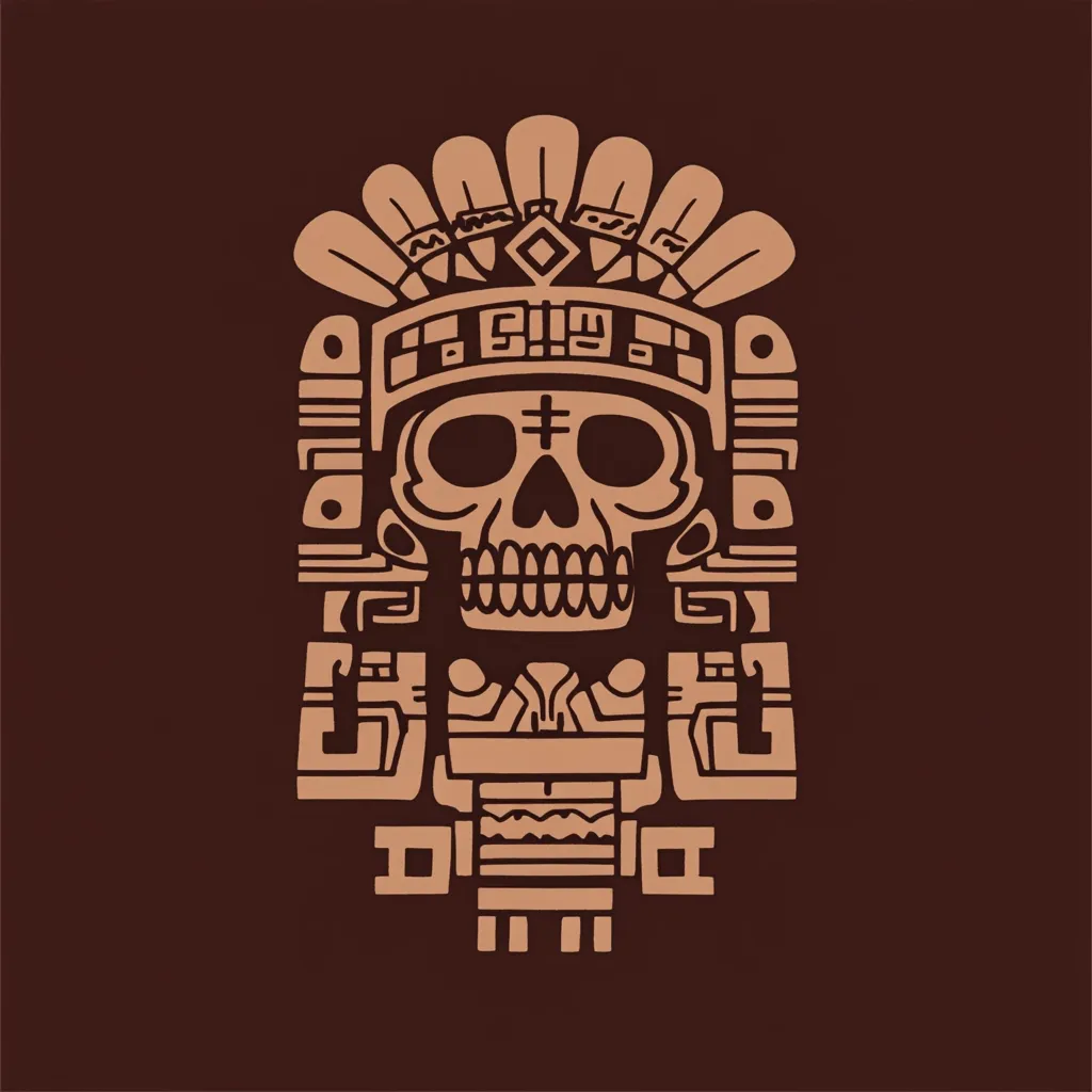 A stylized illustration depicts a skull adorned with a headdress in the style of ancient Mayan or Aztec art.  The skull is centrally positioned, framed by intricate glyph-like designs that extend both above and below it.  The color palette is muted, using shades of brown to create a sense of age and antiquity. The overall design evokes themes of death, ritual, and pre-Columbian culture.