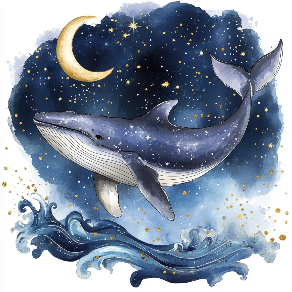 A watercolor painting depicts a humpback whale gracefully leaping against a backdrop of a starry night sky.  A crescent moon illuminates the scene, scattered with gold glitter, creating a magical, ethereal atmosphere.  Below, stylized waves complete the composition, blending blues and golds for a harmonious effect. The overall style is whimsical and dreamlike.