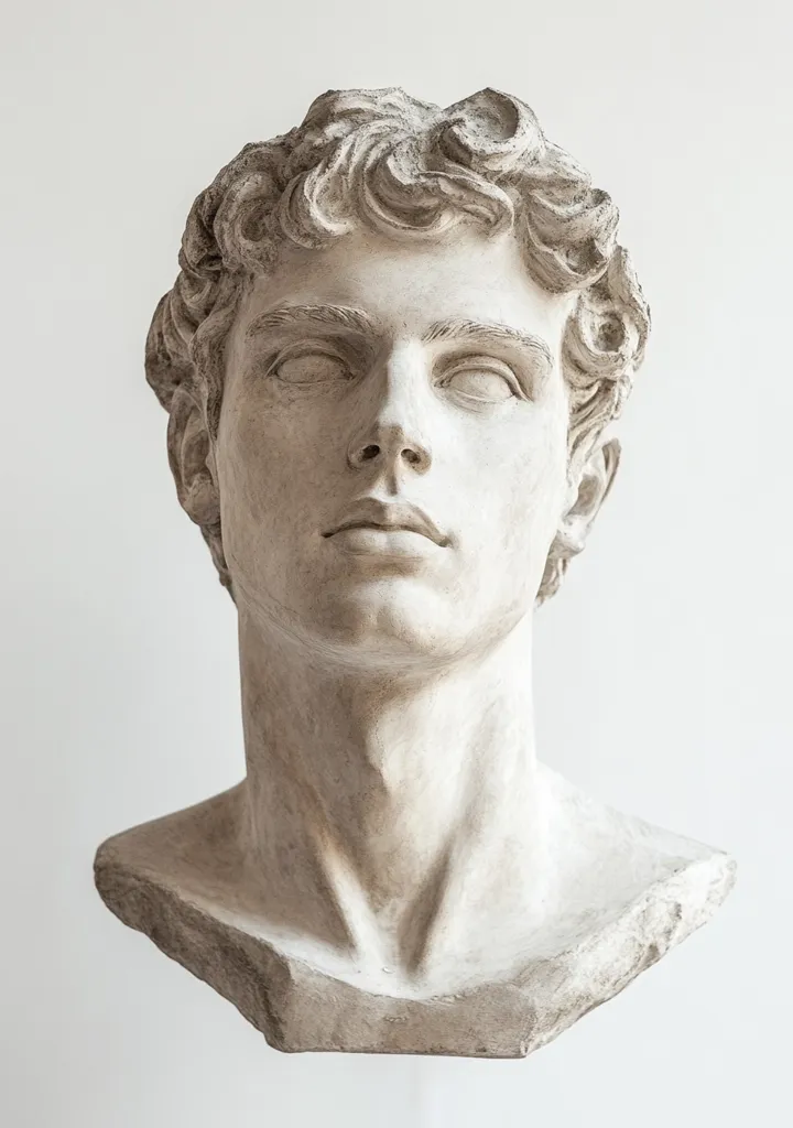 A plaster bust of a young man with curly hair.  The sculpture is rendered in a classical style, showing a serene expression and detailed musculature of the neck and shoulders.  The light beige color of the plaster enhances the subtle textural details of the sculpted form. The bust is presented against a plain white background.