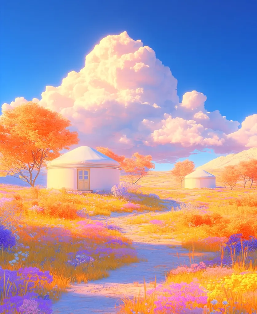 A whimsical landscape unfolds under a vibrant, pastel sky. Two white yurts nestled amongst autumnal trees stand on a gentle slope.  A sun-drenched path winds through a field bursting with colorful wildflowers in shades of orange, purple, and yellow.  A large, fluffy cloud dominates the sky, adding to the dreamlike atmosphere.