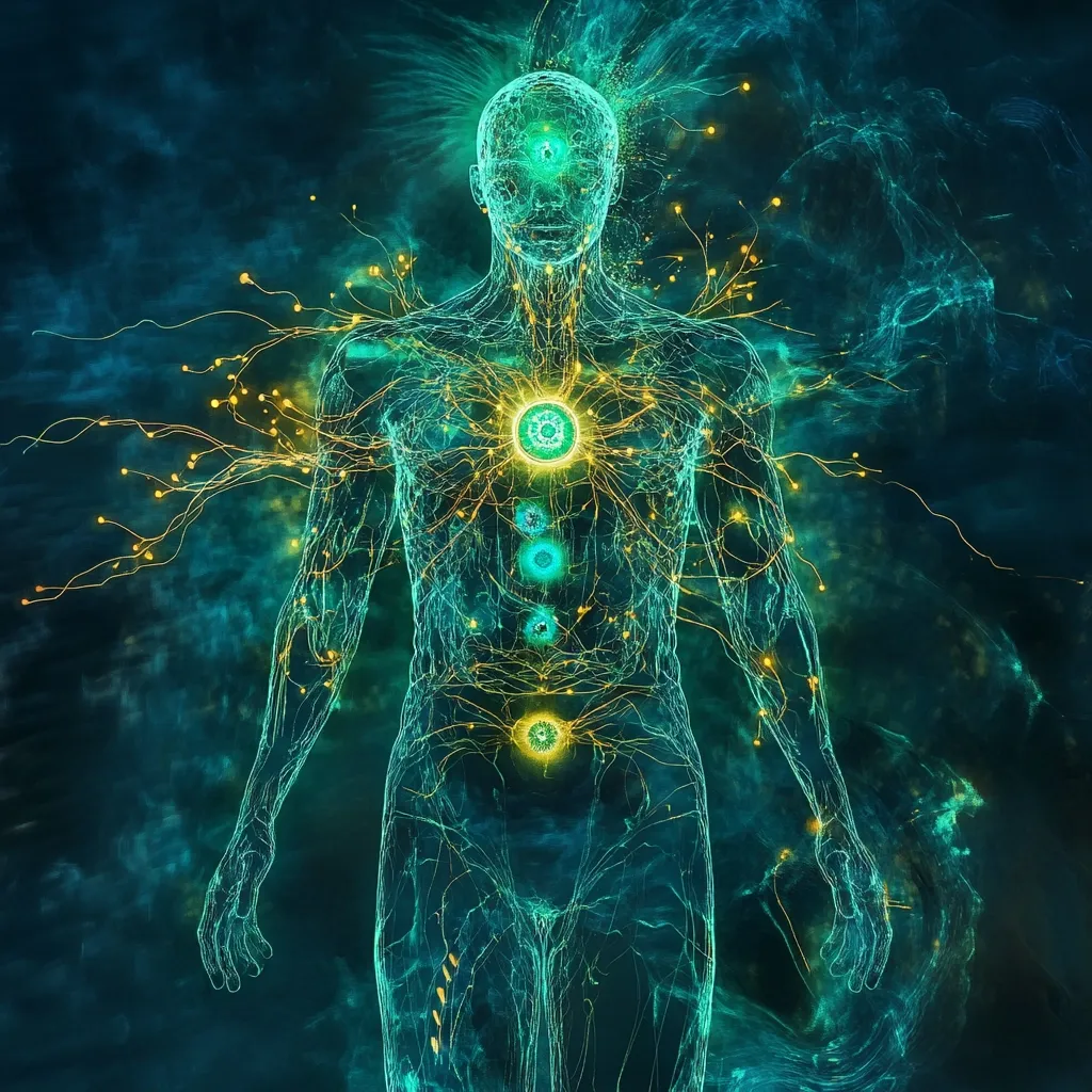 A vibrant digital artwork depicts a translucent human figure, radiating energy.  Teal and gold light emanate from seven illuminated chakras along the spine, connecting to a network of glowing lines throughout the body.  The figure is surrounded by a swirling nebula-like background, suggesting a spiritual or energetic connection to the cosmos. The overall effect is one of ethereal beauty and inner light.