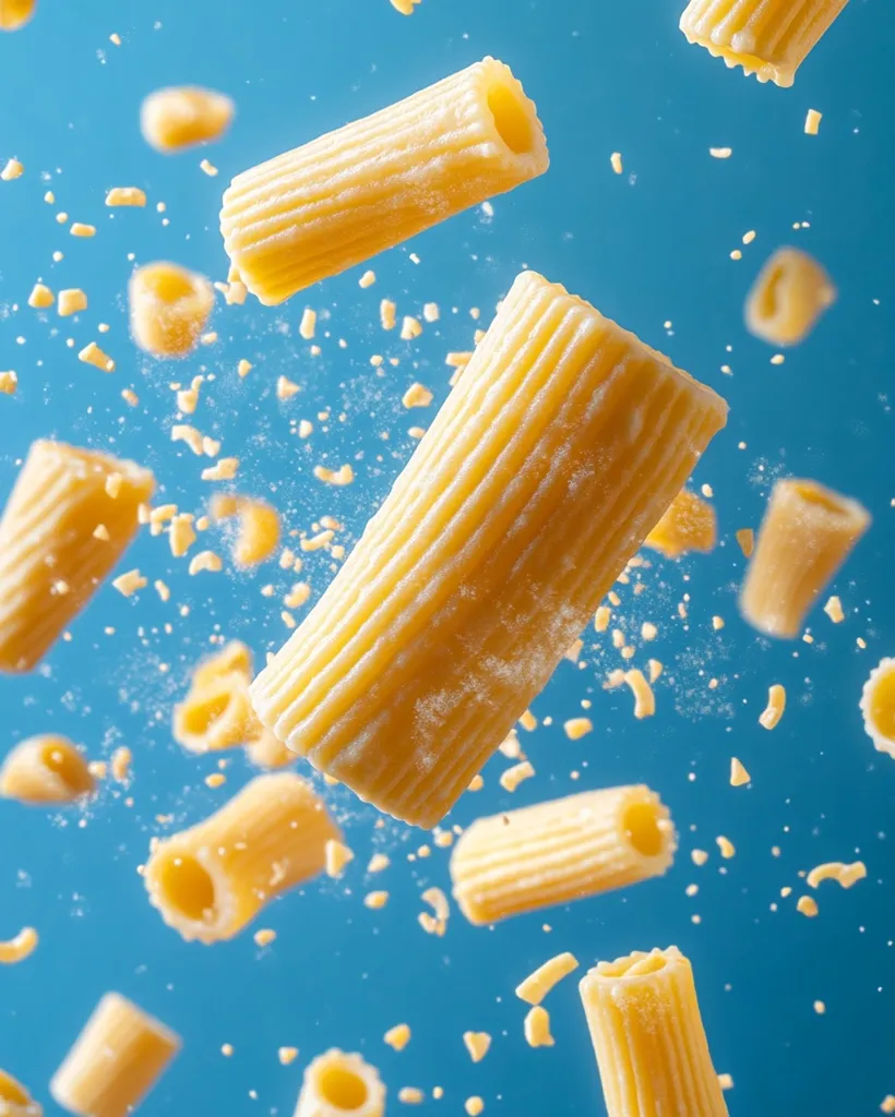 Many pieces of penne pasta are suspended in mid-air against a vibrant blue background.  The pasta is lightly dusted with flour, and some pieces are broken, showing smaller fragments scattered around. The image captures a dynamic sense of motion, suggesting the pasta is falling or being thrown.  The overall effect is vibrant and appetizing.