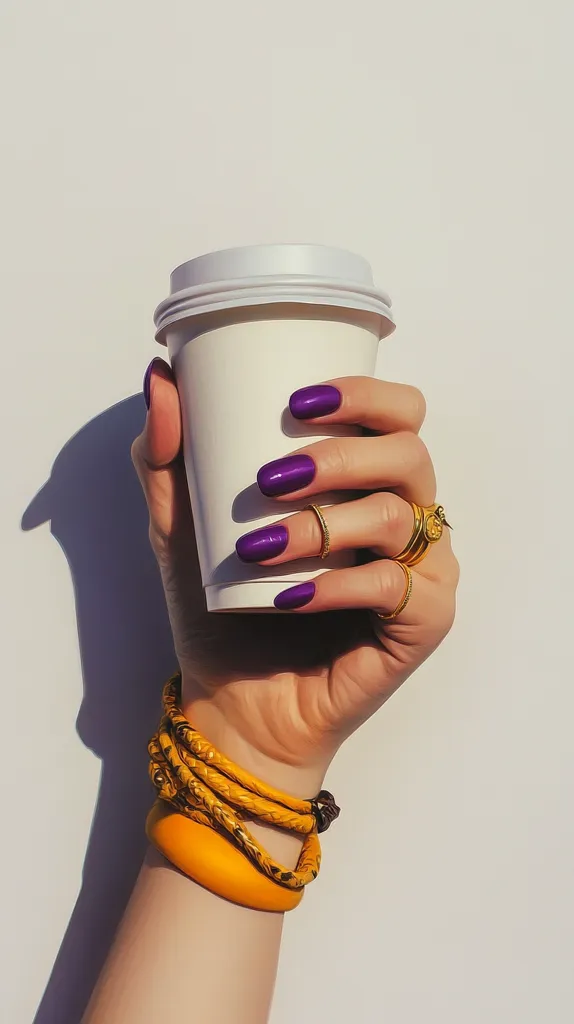 A woman's hand with vibrant purple nails holds a white disposable coffee cup.  She wears several gold rings and a stack of yellow braided bracelets. The image is clean and minimalist, with the hand and cup sharply in focus against a plain white background.  The contrast between the cool tones of the cup and the warm tones of the accessories creates a visually appealing composition.