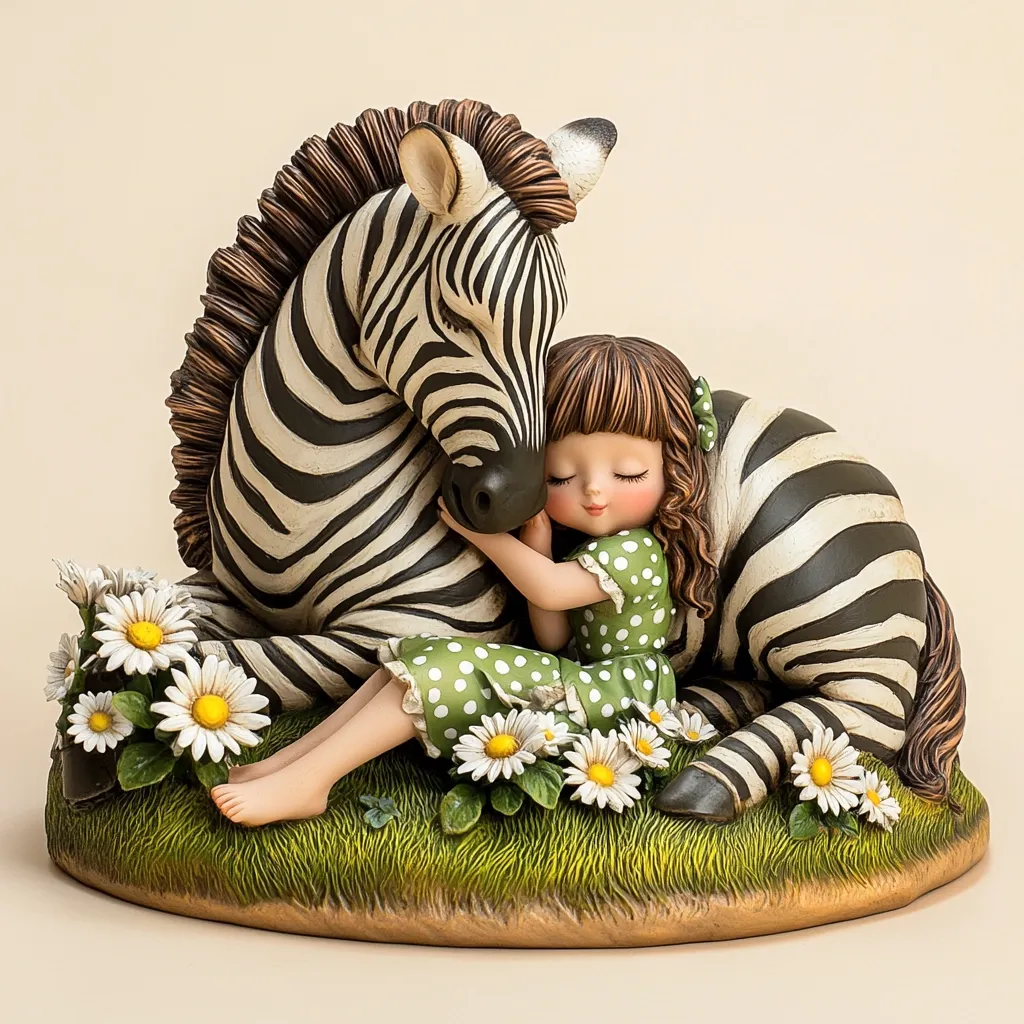 A charming figurine depicts a young girl nestled against a zebra.  The girl, in a green polka-dot dress, embraces the zebra's head, her eyes closed in peaceful contentment.  The zebra is meticulously detailed, with black and white stripes.  Daisies surround them, nestled in a bed of green grass, creating a serene and heartwarming scene. The figurine is crafted with a smooth, polished finish.