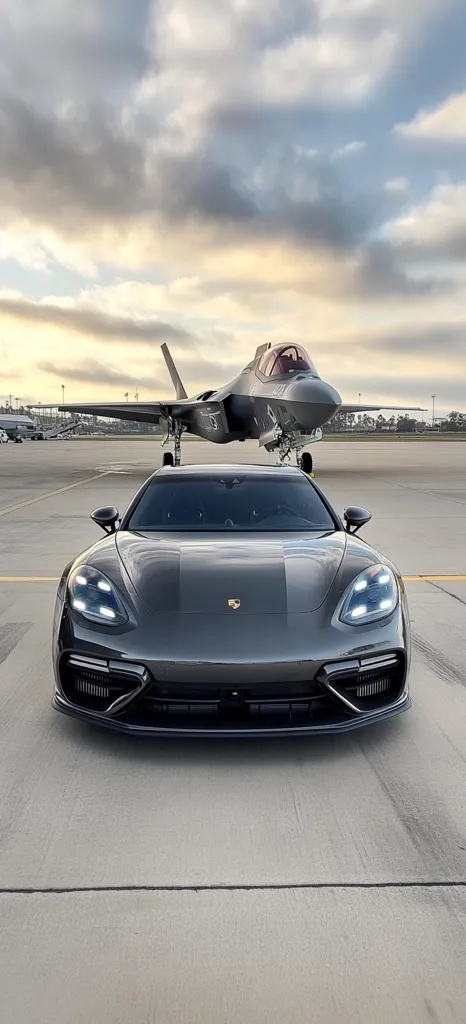 A dark gray Porsche Panamera Turbo S E-Hybrid stands on a tarmac, facing the camera.  Behind it, a Lockheed Martin F-35 Lightning II fighter jet is parked. The sky is partly cloudy, with soft light suggesting either dawn or dusk.  The contrast between the luxury car and the military aircraft creates a striking visual.