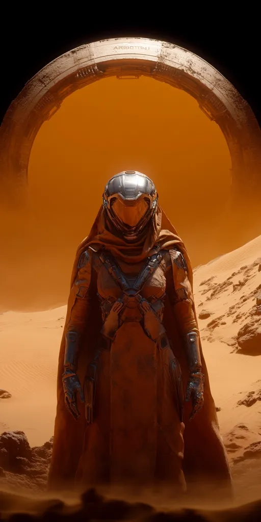 A lone figure in futuristic armor and a flowing robe stands in a desolate, orange desert landscape.  The helmet obscures their face, adding to the mysterious aura.  A large, ring-like structure looms in the background, casting a warm, almost apocalyptic glow.  The scene evokes a sense of isolation and adventure in a harsh, alien environment.