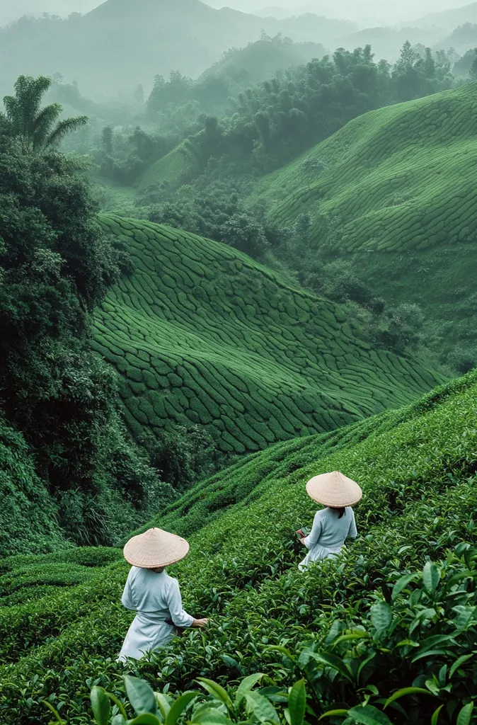 Two individuals, wearing traditional conical hats and light-colored clothing, harvest tea leaves on a lush, verdant hillside.  Rolling green tea plantations stretch across the landscape, creating a dramatic, textured pattern.  The scene is shrouded in a light mist, enhancing the serene and tranquil atmosphere of the tea farm.