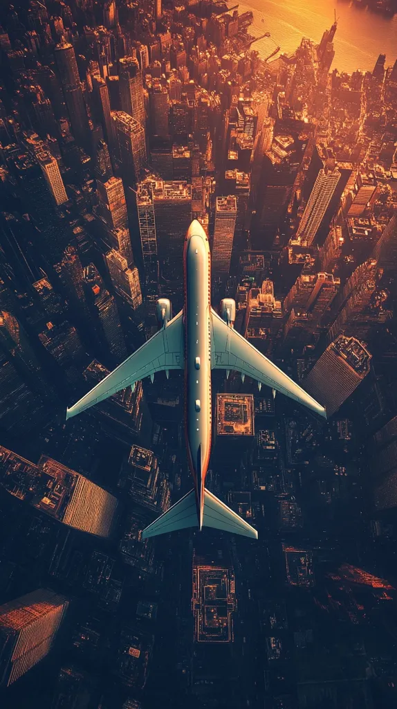 A passenger airplane flies directly over a sprawling cityscape at sunset.  The city's dense grid of skyscrapers stretches to the horizon, bathed in warm, orange light. The plane's perspective offers a dramatic view of the urban landscape below, showcasing its scale and complexity. The image evokes a sense of travel, adventure, and the vastness of modern life.