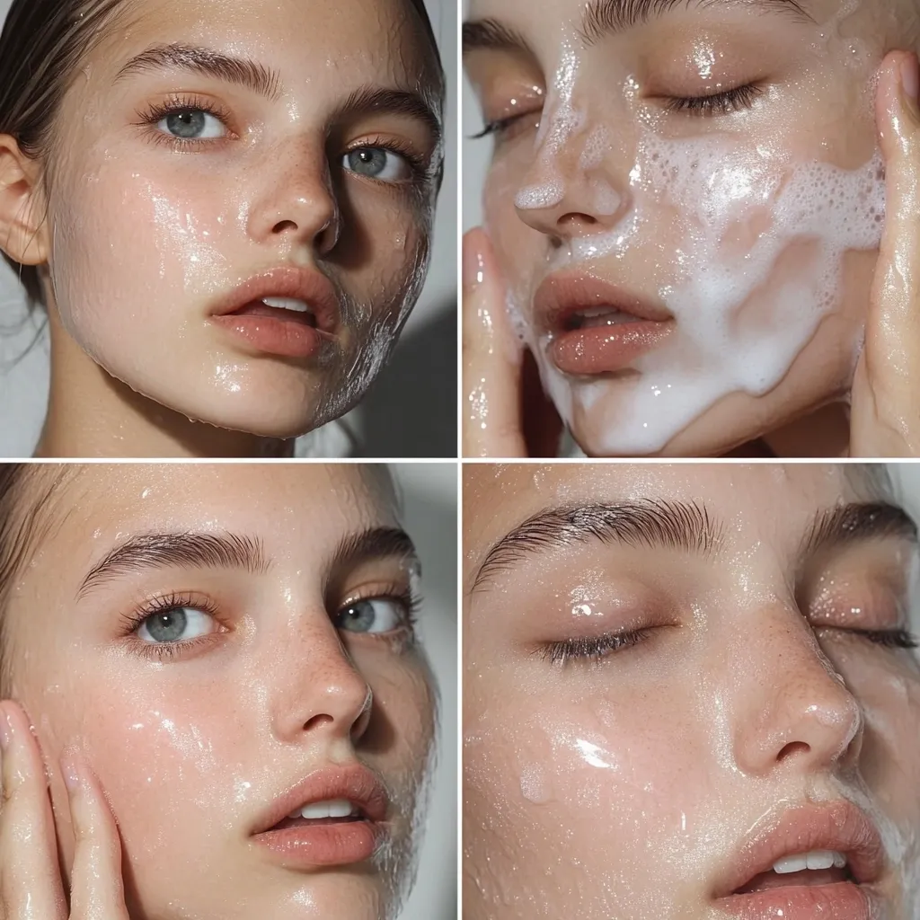 A close-up collage showcases a young woman's face at various stages of a cleansing routine.  Her skin is glistening with water and cleanser. The images depict the application and rinsing of a foaming face wash, highlighting the process of achieving a clean and radiant complexion.  The focus is on the texture of her skin and the translucent quality of the product.