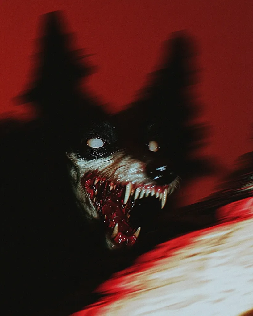 A terrifying close-up depicts a monstrous canine creature with glowing eyes and a gaping maw filled with sharp teeth.  Its dark fur blends with a blurred, motion-like red background, creating a sense of speed and aggression. The image evokes a feeling of horror and unease, emphasizing the creature's ferocious nature.
