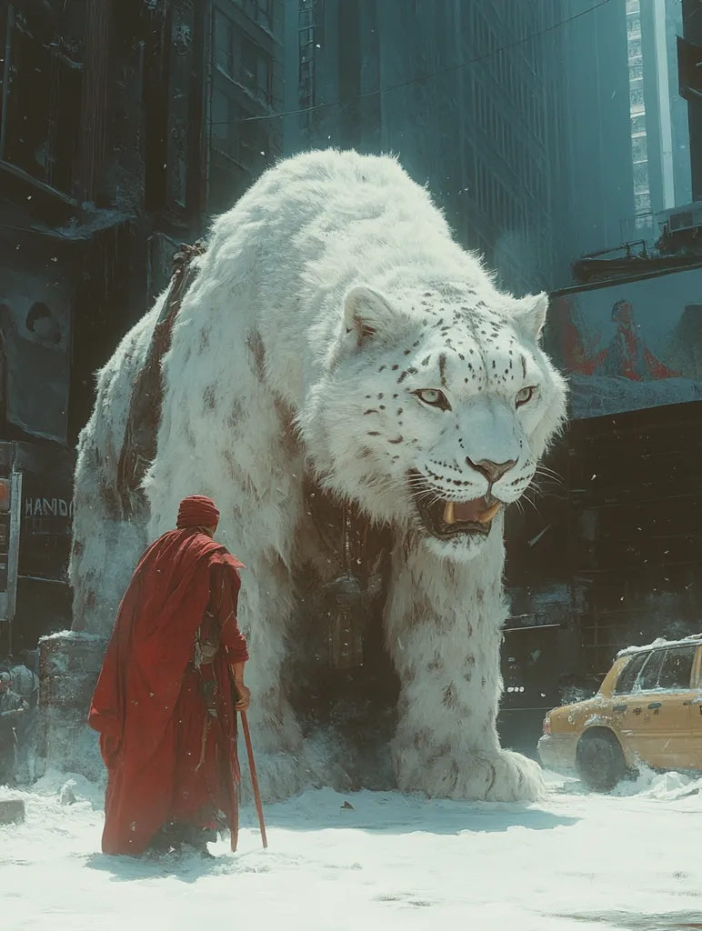A colossal, snow-white tiger, larger than any building, stands amidst a snow-covered city street.  A lone figure in a flowing red robe and a walking stick stands before it, seemingly unfazed by the creature's immense size.  The juxtaposition of the fantastical beast and the mundane urban setting creates a surreal and intriguing scene.  The air is still, and a yellow taxi is parked nearby, dwarfed by the majestic animal.