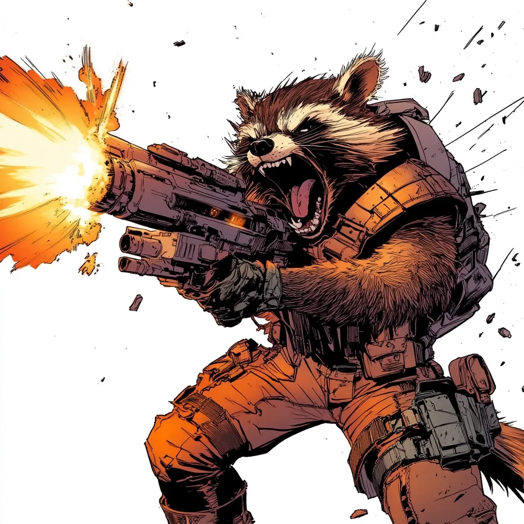Rocket Raccoon, a humanoid raccoon from Marvel Comics, is depicted firing a large futuristic weapon.  His orange combat suit and backpack are visible, as is his ferocious expression.  The image is dynamic, with intense orange and yellow depicting the weapon's blast, set against a white background with scattered debris.  The style is comic book-esque, with bold lines and shading.