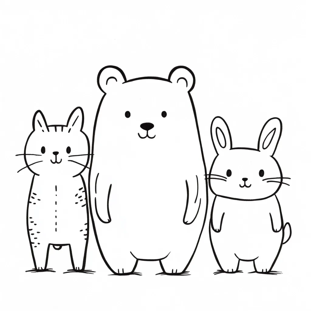 A cute line drawing shows a cat, a bear, and a rabbit standing side-by-side.  The cat is to the left, the bear is in the center, and the rabbit is on the right.  All three animals are drawn in a simple, childlike style with minimal detail.  They appear friendly and happy.  The image is suitable for coloring.