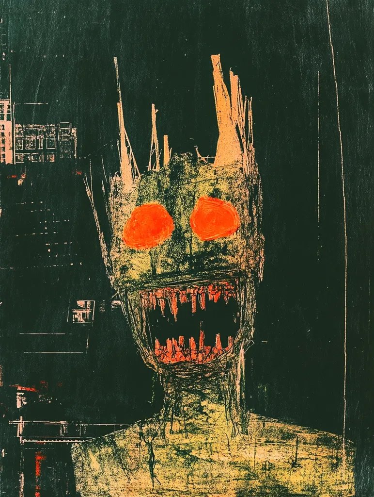A grotesque, abstract figure dominates the artwork. Its face is a mask of sharp teeth and glowing orange eyes, set against a textured, greenish-yellow body.  The style is reminiscent of expressionism or primitive art, with heavy, scratchy lines and a dark, almost menacing background.  A cityscape is subtly visible behind the figure, adding to the unsettling atmosphere. The overall impression is one of primal fear and distorted humanity.