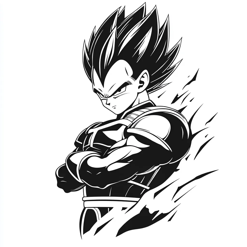 A black and white illustration of Vegeta from Dragon Ball Z.  He is depicted in a powerful pose, arms crossed, with his signature spiky hair and Saiyan armor.  The style is bold and graphic, with stark contrasts and a dynamic background suggesting motion or energy.  Vegeta's serious expression conveys his strength and determination.