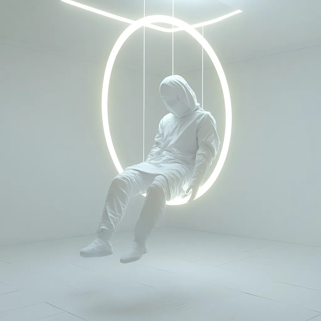 A solitary, hooded figure in a white, almost ethereal suit sits on a glowing circular swing.  The minimalist, all-white room amplifies the sense of isolation. The figure's head is bowed, obscuring their face, adding to the mysterious and contemplative atmosphere of the scene. The soft, glowing light creates a serene yet slightly unsettling mood.