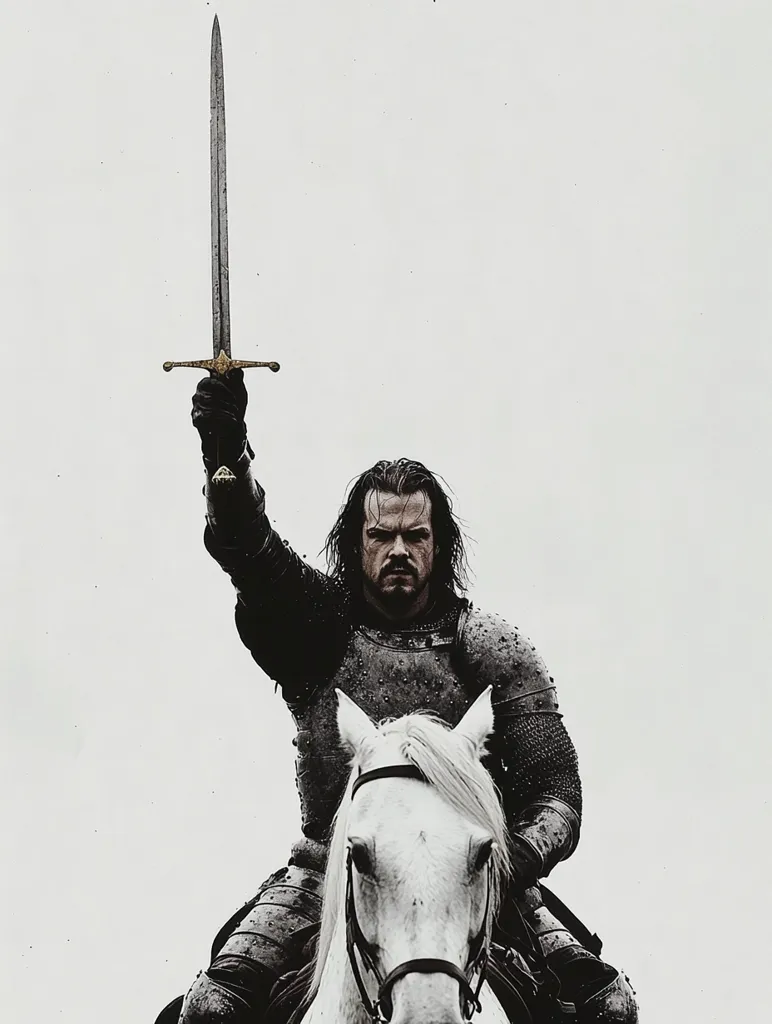 A monochromatic image depicts a knight astride a white horse against a stark white background.  He's clad in dark, chainmail armor, his long dark hair flowing.  His serious gaze is intense as he raises a long sword aloft in a gesture of power or defiance.  The scene evokes a medieval setting, conveying a sense of strength and command.