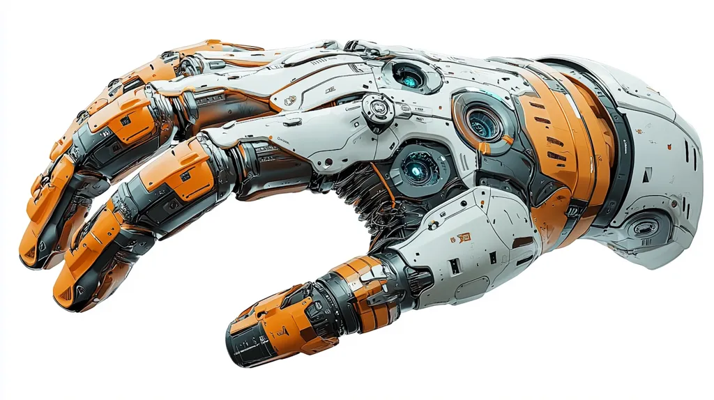 A highly detailed robotic hand, predominantly white and orange, is presented against a stark white backdrop. Its complex design showcases intricate mechanical components, suggesting advanced technology.  The hand appears powerful and capable of precise movements, with visible joints and actuators. The color scheme contrasts the sleek white sections with vibrant orange accents, adding a futuristic aesthetic.