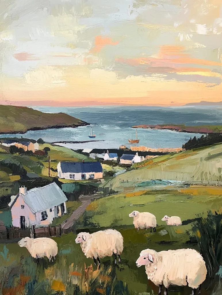 A picturesque coastal village scene unfolds under a pastel sunset.  Whitewashed cottages nestle on rolling green hills, overlooking a calm bay with distant sailing boats.  A flock of sheep peacefully grazes in the foreground, adding a touch of rustic charm to the idyllic landscape.  The artist's loose brushstrokes capture the serene atmosphere of this coastal haven.