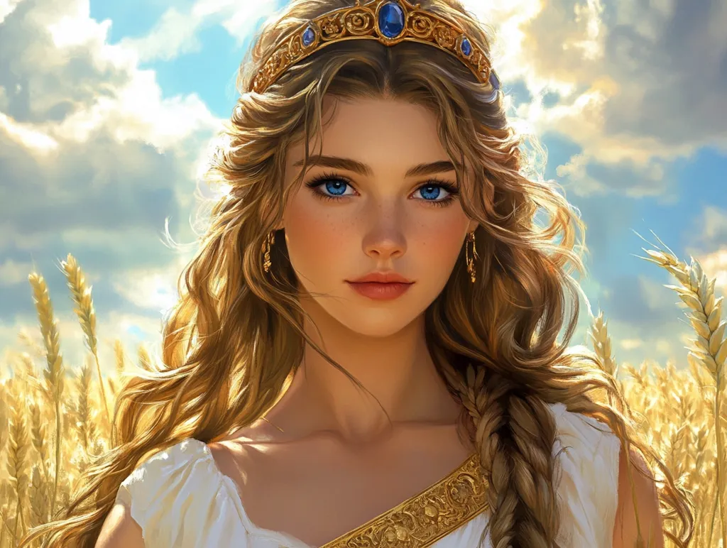 A digital painting depicts a young woman, possibly a goddess, with long, flowing blonde hair adorned with a golden crown featuring sapphire blue gems.  Her piercing blue eyes and fair skin are accentuated by delicate gold earrings.  She is dressed in a white Grecian-style garment with gold embellishments, standing amidst a field of golden wheat under a bright, sunny sky.  The overall style is ethereal and majestic.