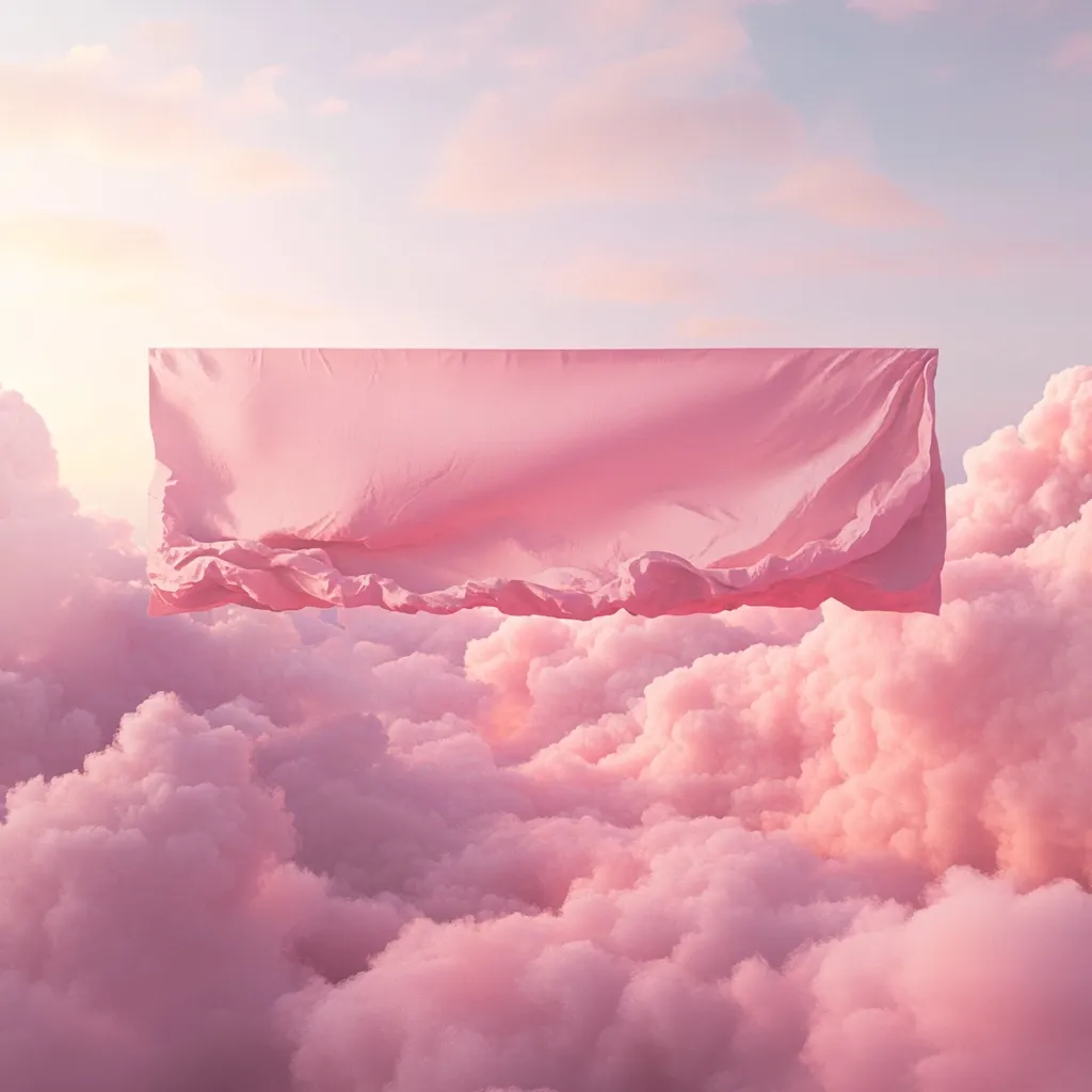 A digitally created image shows a large, rectangular piece of pale pink fabric floating amidst fluffy, cotton-candy-like clouds.  The fabric appears light and almost weightless, gently draped, contrasting subtly with the soft pink hues of the sky and clouds. The overall aesthetic is dreamy, ethereal, and peaceful.