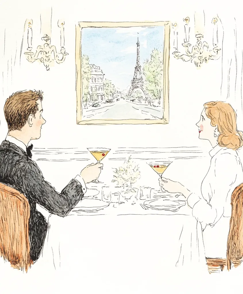 A romantic couple enjoys a candlelit dinner.  They sit at a table set for two, each holding a martini.  A framed painting of the Eiffel Tower and Parisian street scene hangs on the wall behind them, adding a touch of Parisian elegance to the intimate setting. The scene is elegantly sketched in watercolor, capturing a moment of sophisticated romance.