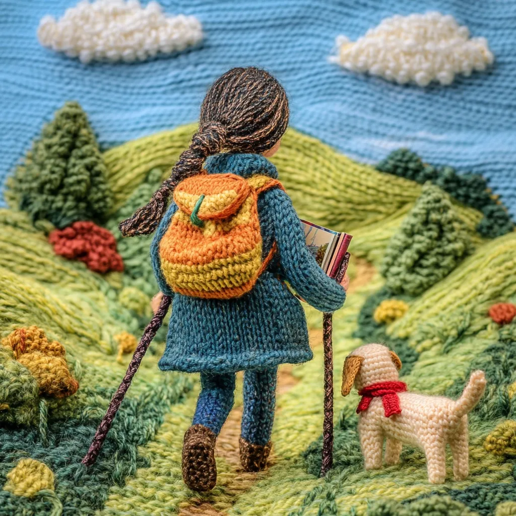 A charming knitted figurine of a girl hikes along a yarn-textured path.  She carries a backpack, trekking poles, and books, her little crocheted dog trotting beside her. The backdrop is a whimsical knitted landscape of rolling hills and fluffy clouds under a bright blue sky.  The scene evokes a sense of peaceful adventure and handcrafted charm.