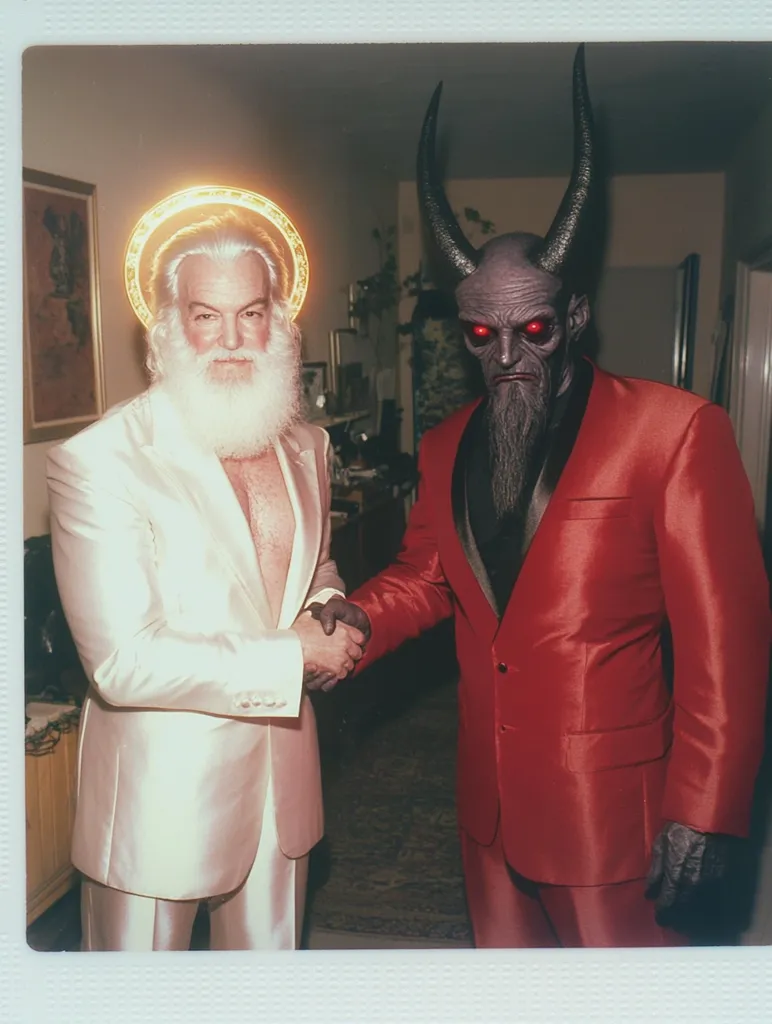 A Polaroid-style photograph shows an older man with a halo and long white beard in a white suit shaking hands with a devil-like figure in a red suit and black horns.  The setting appears to be indoors, in a home. The contrast between the light-colored suit and the dark red is striking.  The image has a surreal and humorous quality.