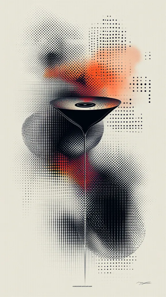 An abstract artwork features a stylized, dark martini glass with a swirling, black liquid.  The glass is set against a background of halftone dots and blurry, orange and red hues, creating a sense of movement and depth. The overall style is modern and graphic, combining geometric shapes with painterly textures. The color palette is predominantly black, white, orange, and gray.