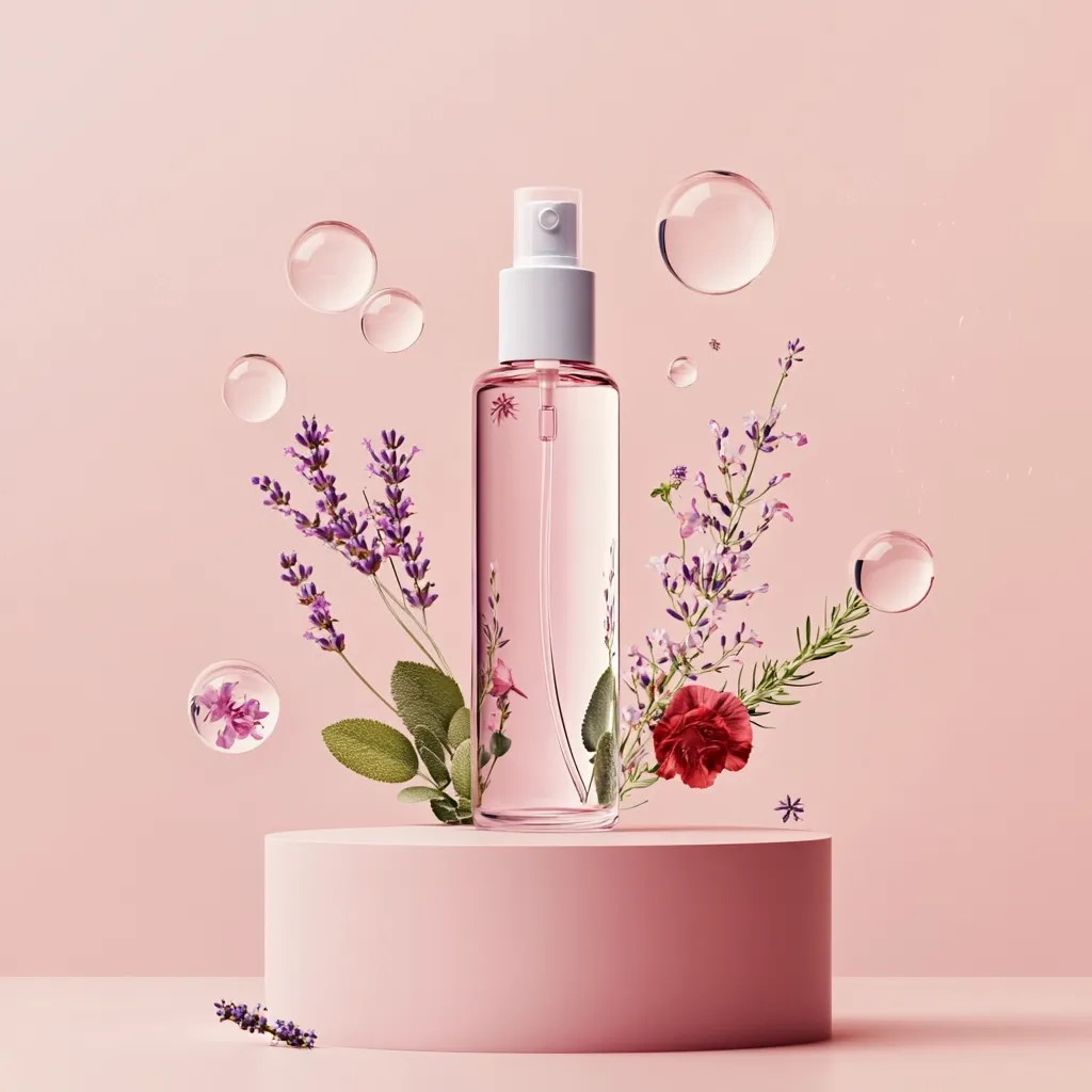 A pink cylindrical bottle of perfume or body spray sits on a pale pink pedestal.  Surrounding the bottle are delicate sprigs of lavender, rosemary, sage, and a single red carnation.  Floating water droplets enhance the ethereal, floral aesthetic against a soft pink background. The overall image evokes a sense of calm and natural beauty.
