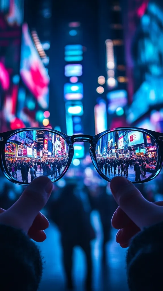A pair of sunglasses reflects a vibrant, bustling city scene at night.  The lenses capture the bright lights and crowds of a Times Square-like setting, a miniature metropolis mirrored in the dark frames.  Held by hands partially obscured by dark clothing, the image contrasts the intimate act of holding the glasses with the vastness of the urban landscape reflected within.  The overall effect is one of urban energy and perspective.