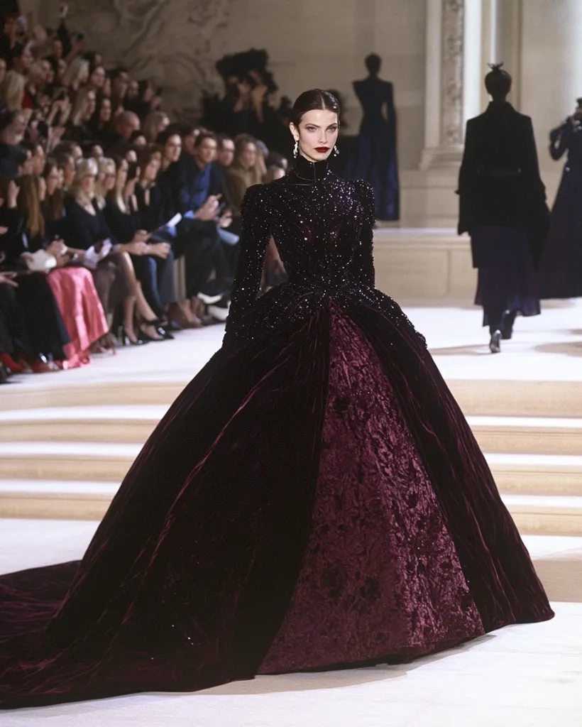 A model gracefully showcases a lavish, dark burgundy velvet gown on a runway.  The bodice, adorned with shimmering embellishments, contrasts with the rich texture of the full skirt. The high neck and long sleeves add to the regal, almost Victorian-era aesthetic. The background features a seated audience watching the fashion show in a grand hall.  The overall effect is one of dramatic elegance and timeless style.