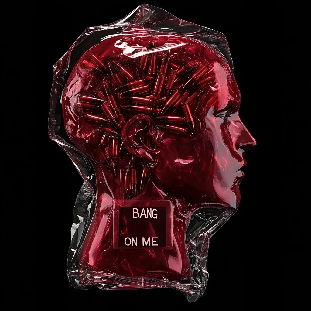 A 3D rendering depicts a crimson human head encased in plastic wrap.  Numerous bullets are embedded within the head, resembling a brain filled with ammunition.  A small square label on the neck reads "BANG ON ME," emphasizing a violent and potentially suicidal theme.  The dark background enhances the stark imagery.