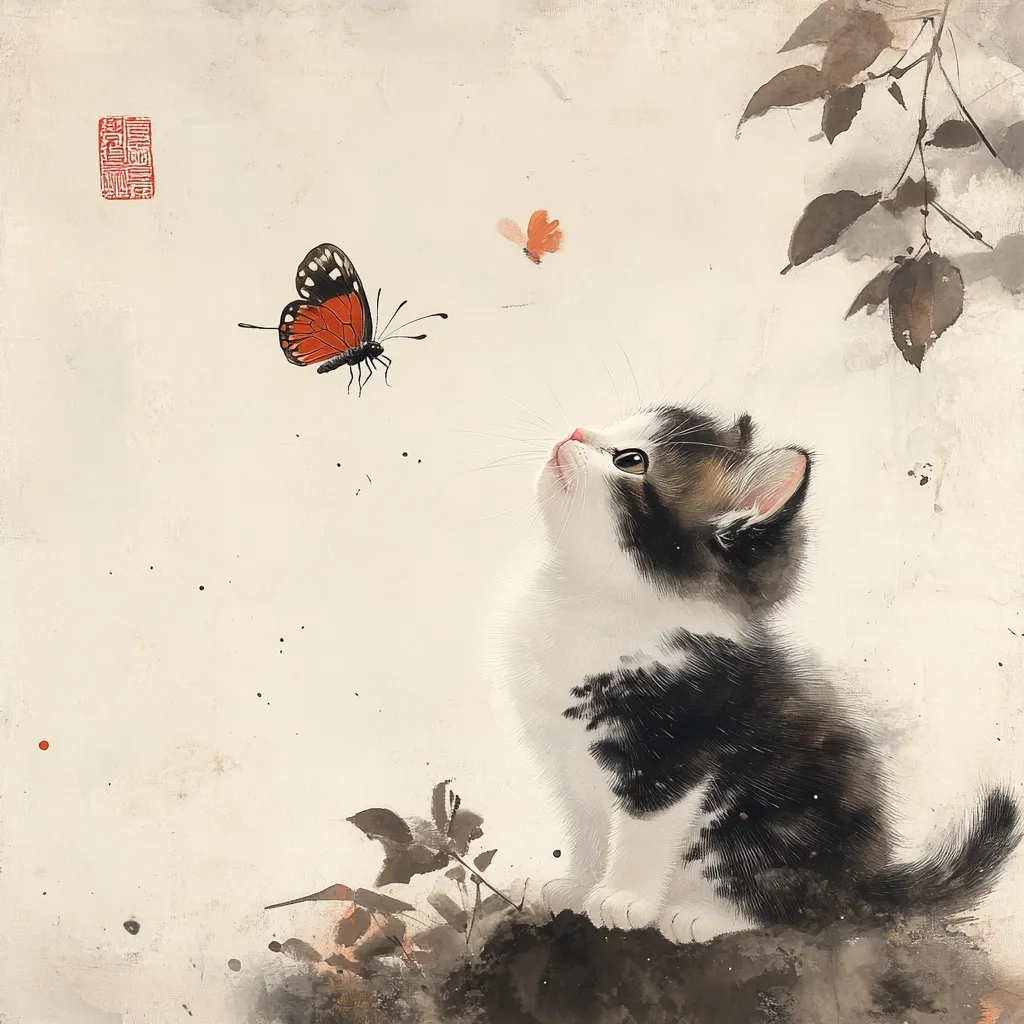 A charming painting in a traditional East Asian style depicts a fluffy calico kitten gazing upwards at a vibrant red butterfly.  Delicate brushstrokes create a serene atmosphere.  Subtle background elements of leaves and a faded seal add to the artistic composition. The overall impression is one of peaceful observation and quiet beauty.
