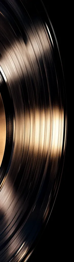 A close-up shot reveals the intricate grooves of a vinyl record, radiating outwards from the center. The dark, glossy surface reflects light, creating a dramatic interplay of shadows and highlights.  The concentric circles suggest the passage of time and the analog nature of the music held within.  The image evokes a sense of nostalgia and the warmth of classic sound reproduction.