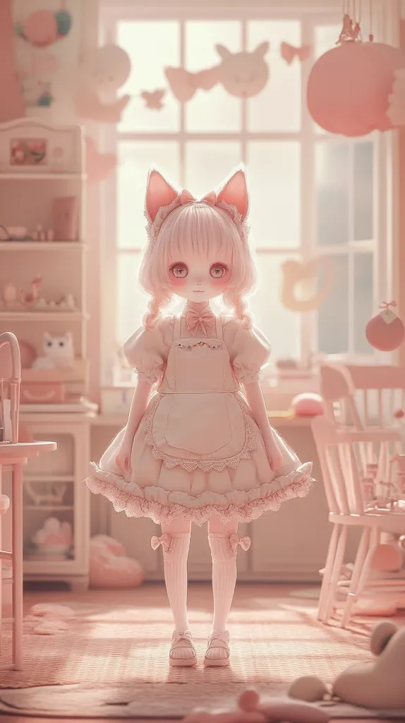 A charming doll, styled like a cat girl, stands in a pastel pink room.  She wears a frilly white dress and matching socks and shoes. The room is filled with delicate furniture and soft lighting, creating a serene and whimsical atmosphere.  Various bunny and butterfly decorations adorn the window, enhancing the overall cute aesthetic.