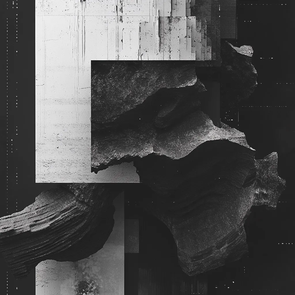 The image is a monochromatic abstract collage.  Dark, textured forms resembling fragmented rock or stone are overlaid on lighter, grainy surfaces that suggest concrete or weathered walls.  Geometric shapes are incorporated, creating a layered and fragmented composition with a gritty, industrial aesthetic.  The overall mood is somber and somewhat dystopian.