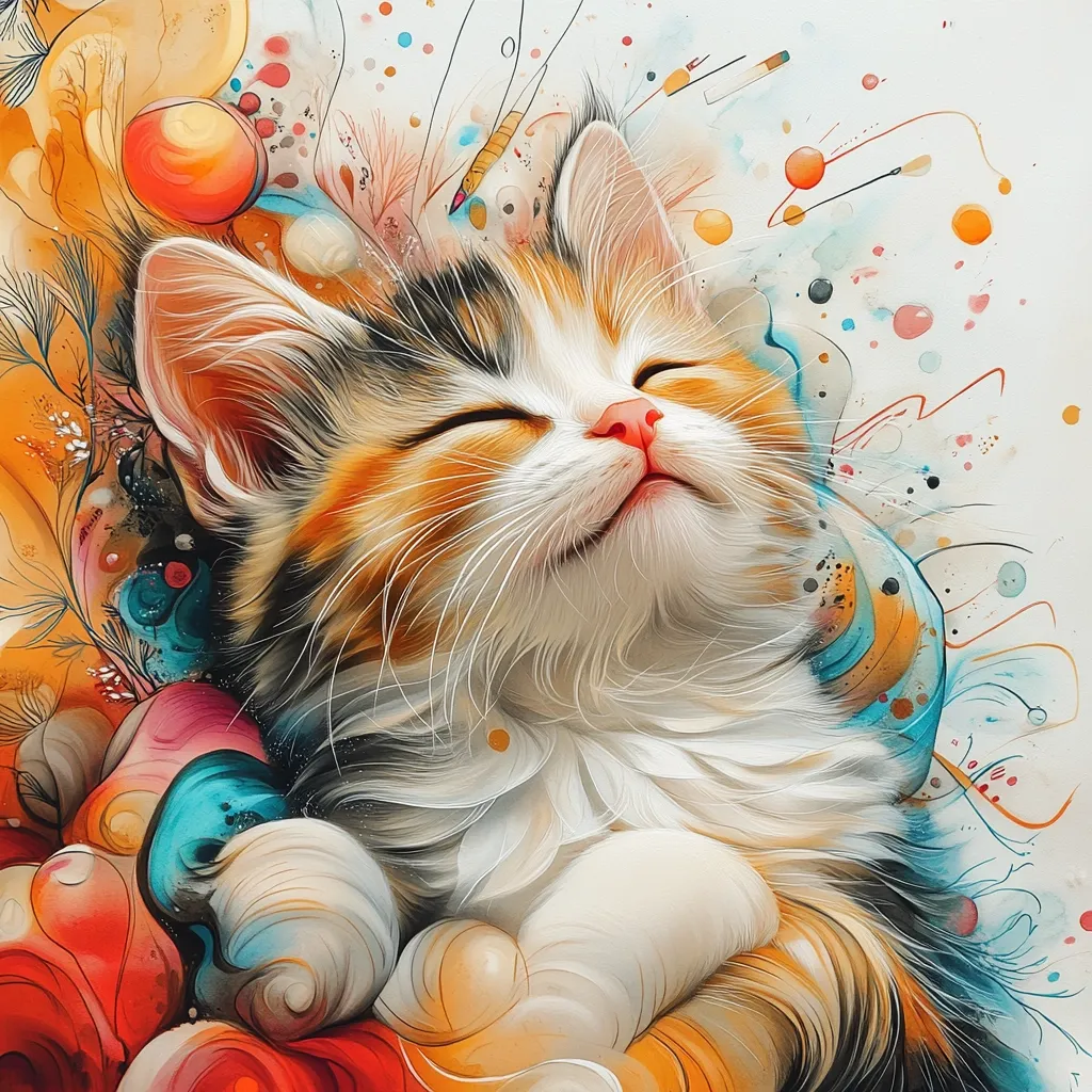 A calico kitten sleeps peacefully, its eyes closed in contentment.  Surrounding the kitten is a vibrant, abstract swirl of colorful paint strokes and organic shapes, creating a whimsical and dreamlike atmosphere. The artwork uses a painterly style, emphasizing soft fur texture and a harmonious blend of warm and cool colors.  The overall impression is one of tranquility and gentle beauty.
