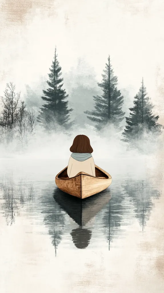 A lone figure sits in a small wooden canoe on a calm, misty lake.  Tall evergreen trees rise from the foggy shoreline, creating a serene and contemplative atmosphere. The water reflects the trees and the canoe, creating a mirrored image. The overall style is minimalist and peaceful, evoking a sense of solitude and tranquility in nature.