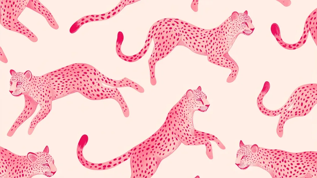 A seamless pattern features pink cheetahs leaping across a pale pink background.  The cheetahs are stylized with dark pink spots, and their postures vary, creating a dynamic and playful design.  The overall aesthetic is bold, graphic, and slightly whimsical. The repeating motif is ideal for fabric, wallpaper, or other decorative applications.