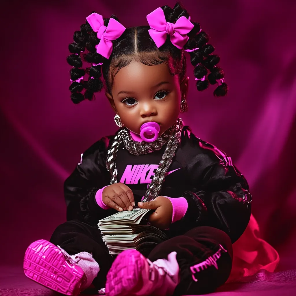 An adorable Black toddler girl, styled in a trendy outfit, sits on a fuchsia backdrop.  She wears a black Nike tracksuit, chunky silver necklace, pink bows in her pigtails, and pink shoes.  She's holding a stack of cash and has a pink pacifier in her mouth, creating a striking contrast between innocence and extravagance. The image is vibrant and sharply focused.