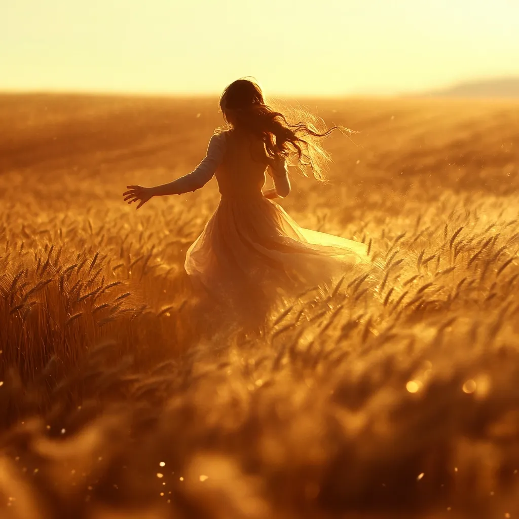 Bathed in the golden light of sunset, a young woman with flowing brown hair runs through a field of ripe wheat.  Her light dress billows around her as she moves, creating a feeling of carefree joy and freedom.  The scene is idyllic and peaceful, capturing a moment of pure, unadulterated happiness in nature's embrace.
