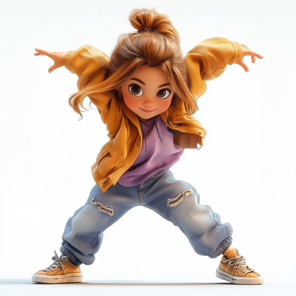 A 3D rendered image of a cute, cartoon girl in a dynamic pose.  She has large eyes, brown hair in a topknot, and is wearing a mustard yellow jacket, purple sweatshirt, and distressed blue jeans.  Her sneakers are light beige. She appears to be striking a playful or energetic dance move, her arms outstretched. The overall style is charming and expressive.