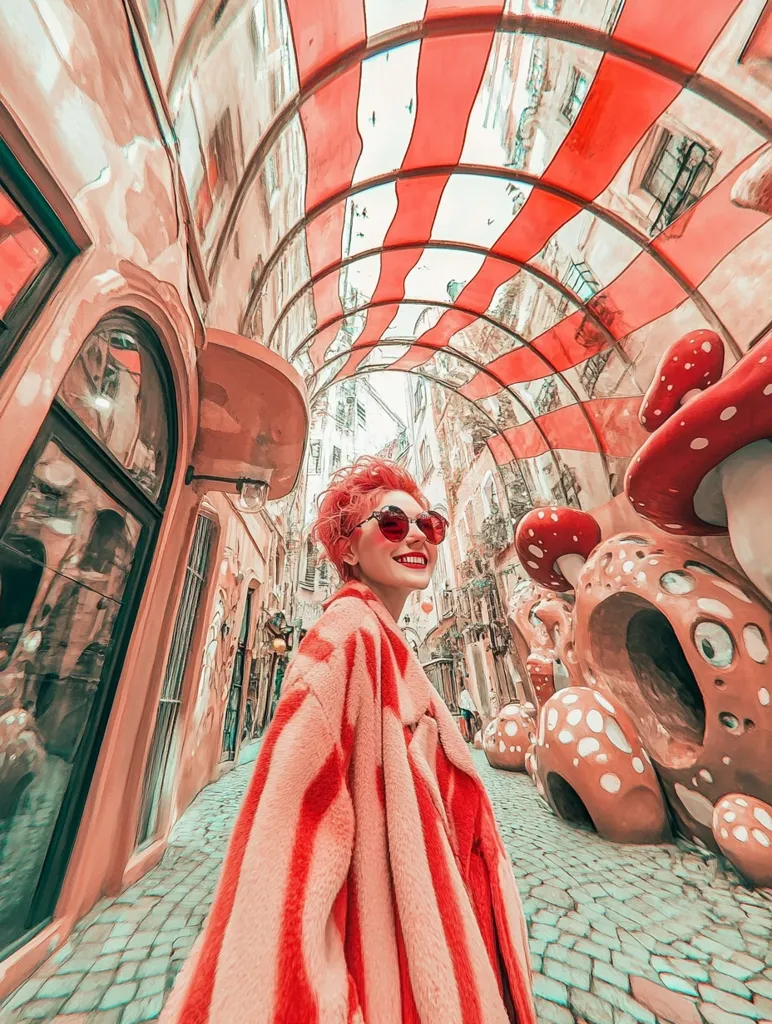 A woman with pink hair and sunglasses stands in a whimsical, candy-colored alleyway.  The street is adorned with large, cartoonish mushroom sculptures and a striped, arched canopy overhead.  She wears a pink and white striped coat, complementing the vibrant, fairytale-like atmosphere of the location. The overall aesthetic is playful and surreal.