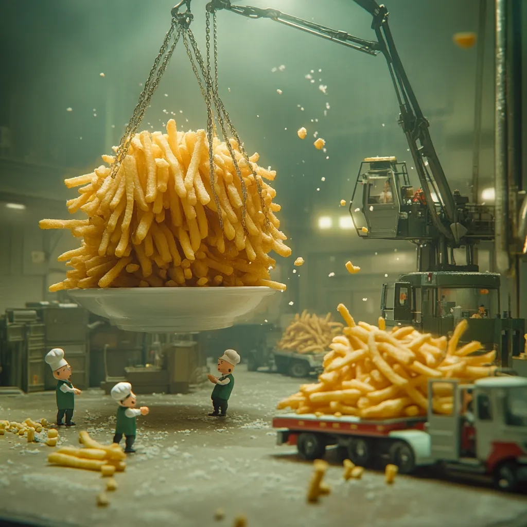 A miniature scene depicts a large, fluffy pile of french fries being lifted by a crane in a factory setting.  Tiny workers in chef hats observe the operation.  More fries are loaded onto a miniature flatbed truck. The scene is stylized with a muted green and brown color palette, creating a whimsical, almost surreal atmosphere.  Flour or seasoning dusts the floor.