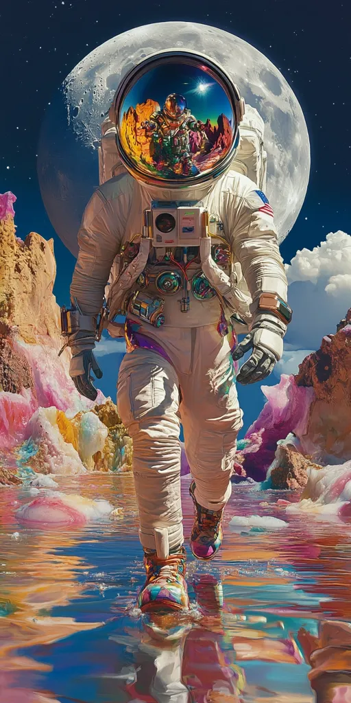 An astronaut in a vibrant, surreal landscape walks through a reflective pool.  The astronaut's helmet reflects a colorful, rocky terrain and a large moon dominates the background.  The scene is rich with contrasting colors, blending pastel hues of pink and yellow with the astronaut's white suit and the dark space.  The overall impression is one of dreamlike exploration and otherworldly beauty.