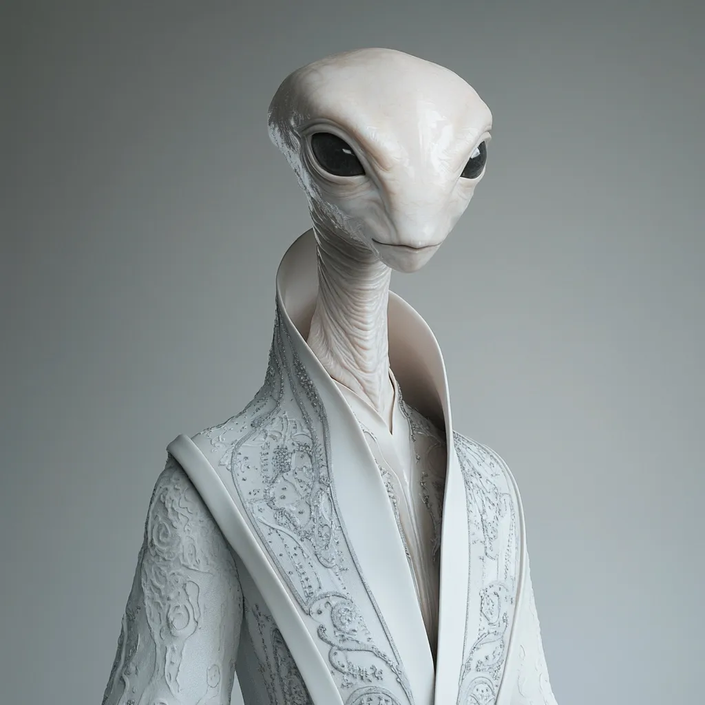 A detailed close-up reveals an alien figure, its pale skin contrasting with an intricately embroidered white robe.  The alien possesses a slender neck and elongated head, featuring large, dark eyes. Its expression is serious and composed, giving an air of sophistication and elegance. The ornate detailing on the garment suggests a formal or ceremonial attire. The overall aesthetic is one of refined otherworldliness.