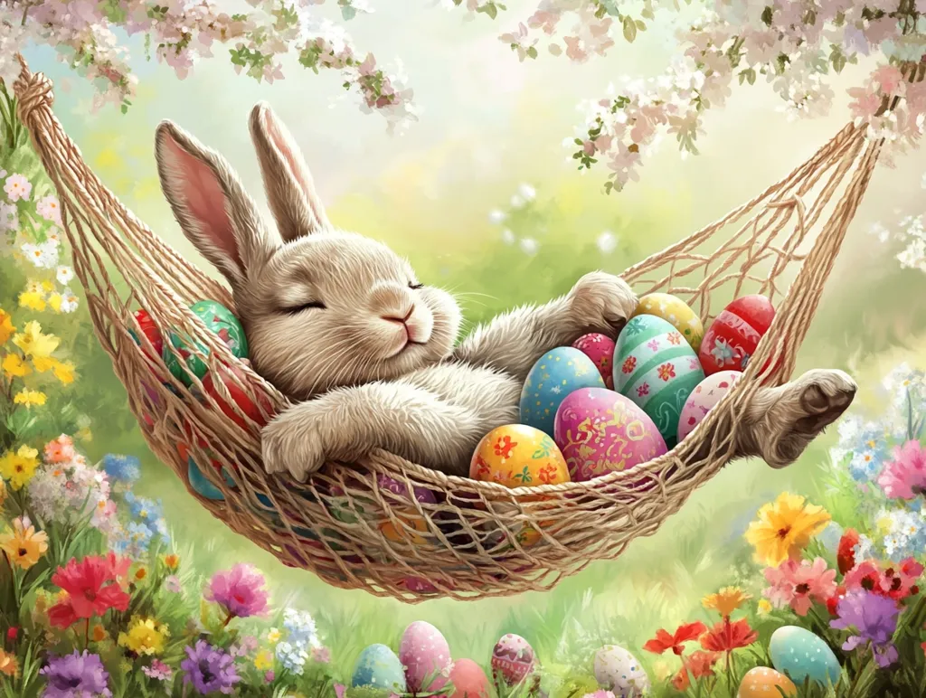 A fluffy white bunny sleeps peacefully in a hammock filled with colorful Easter eggs.  Surrounded by vibrant spring flowers, the scene evokes a sense of springtime joy and relaxation. The bunny's contented expression and the pastel hues of the eggs and blossoms create a charming and idyllic Easter image.