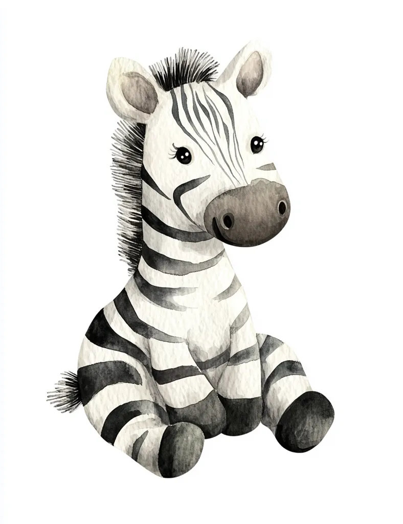 A charming watercolor illustration depicts a baby zebra sitting.  Rendered in black and white, the zebra's stripes are distinct, and its large, expressive eyes add to its endearing quality.  The soft, plush-like texture is implied through the watercolor technique, making it suitable for children's books or nursery decor.  The overall style is cute and gentle.